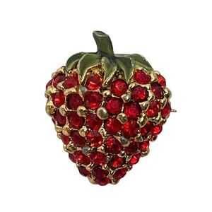 1960s Red Rhinestones & Green Enamel Gold Plate Strawberry Fruit Pin Brooch